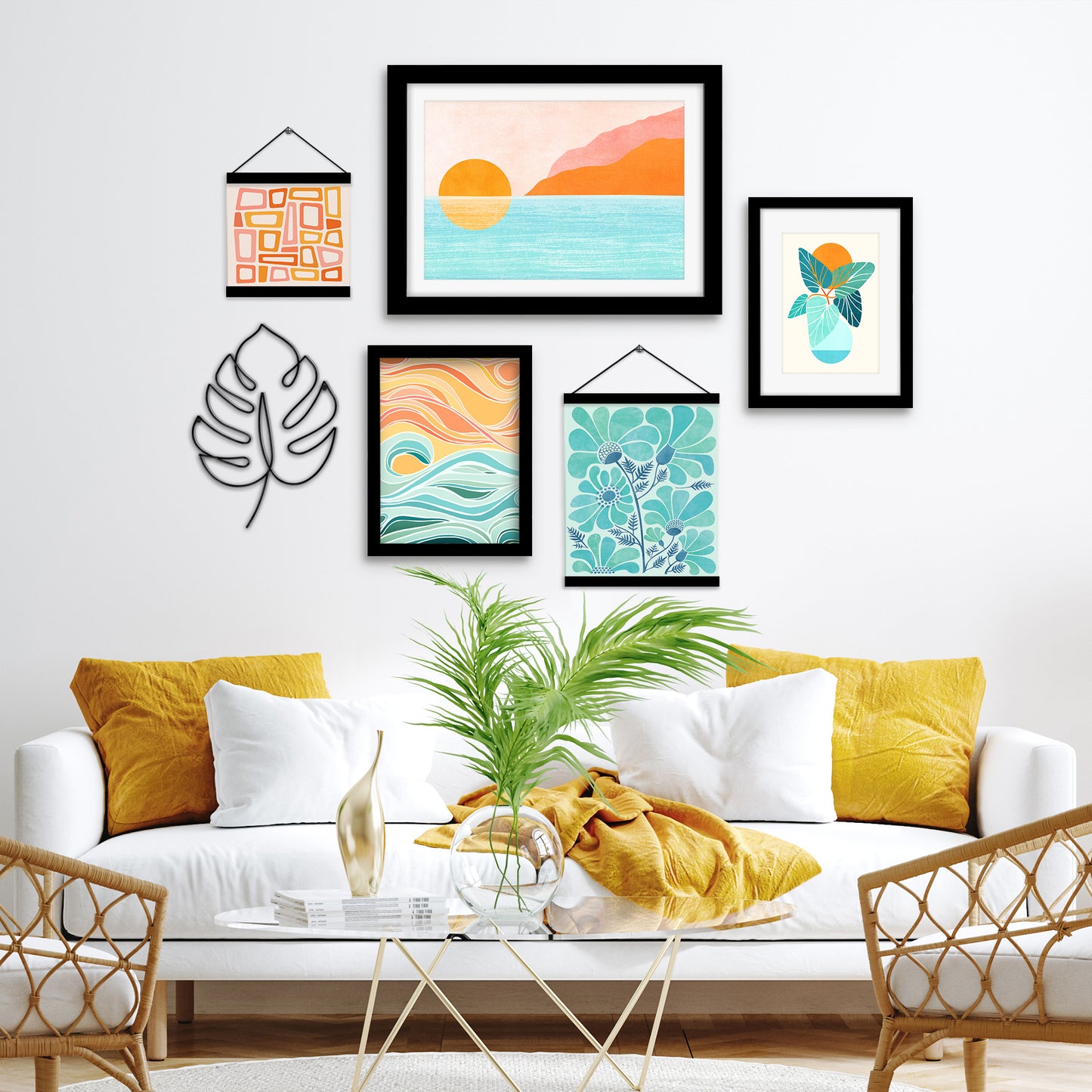 Pastel Color Abstract Botanical Sea Framed Multimedia Gallery Art Set