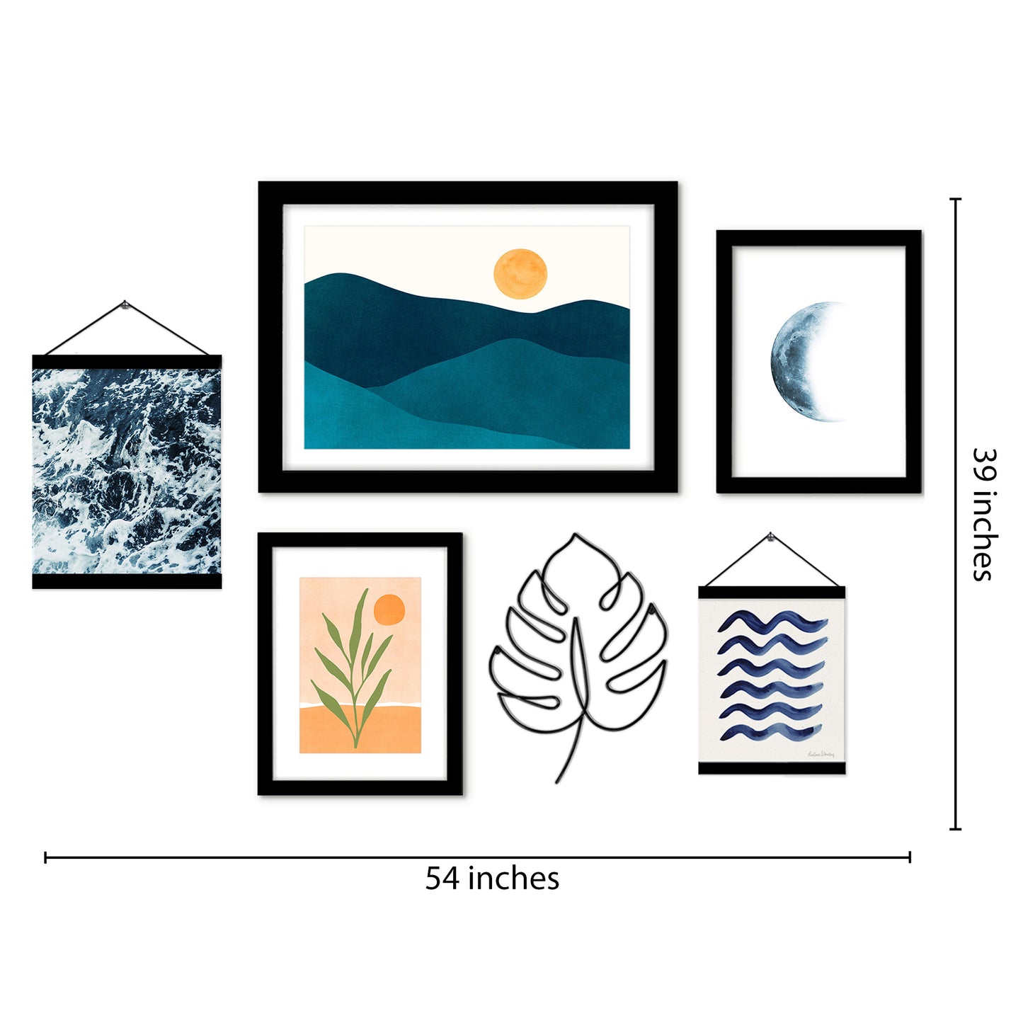 Blue Ocean Waves and Leaves Framed Multimedia Gallery Art Set