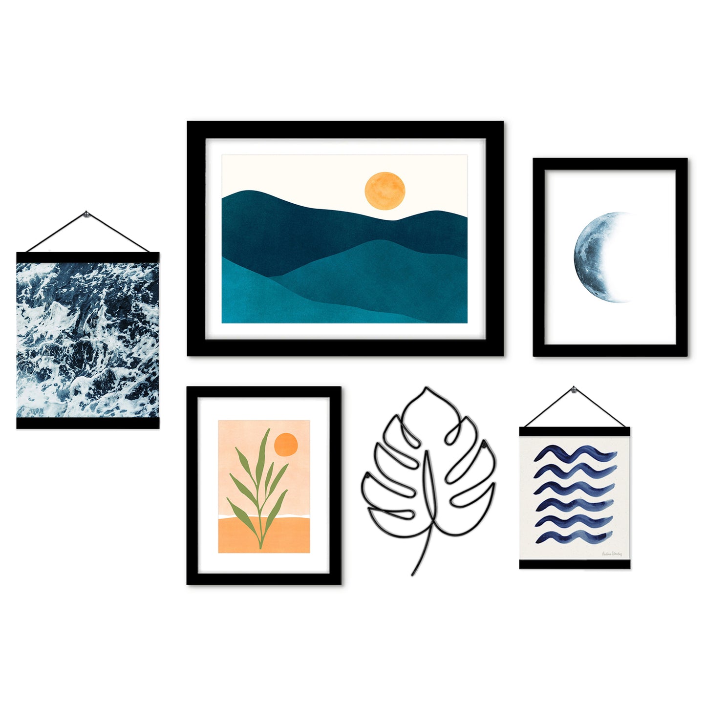 Blue Ocean Waves and Leaves Framed Multimedia Gallery Art Set