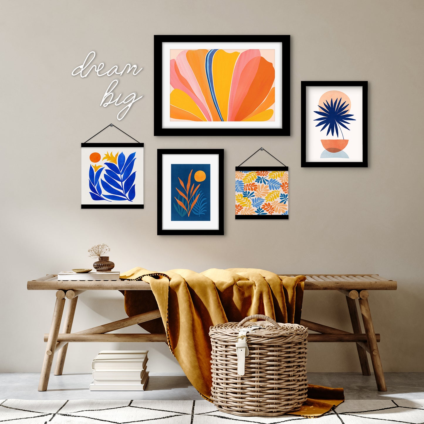 Blue and Orange Botanical Dream Framed Multimedia Gallery Art Set