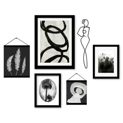 Black Abstract Botanical Woman - Framed Multimedia Gallery Art Set