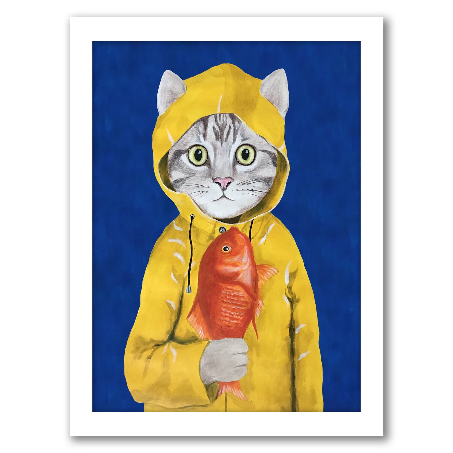 Cat With Fish By Coco De Paris - White Framed Print