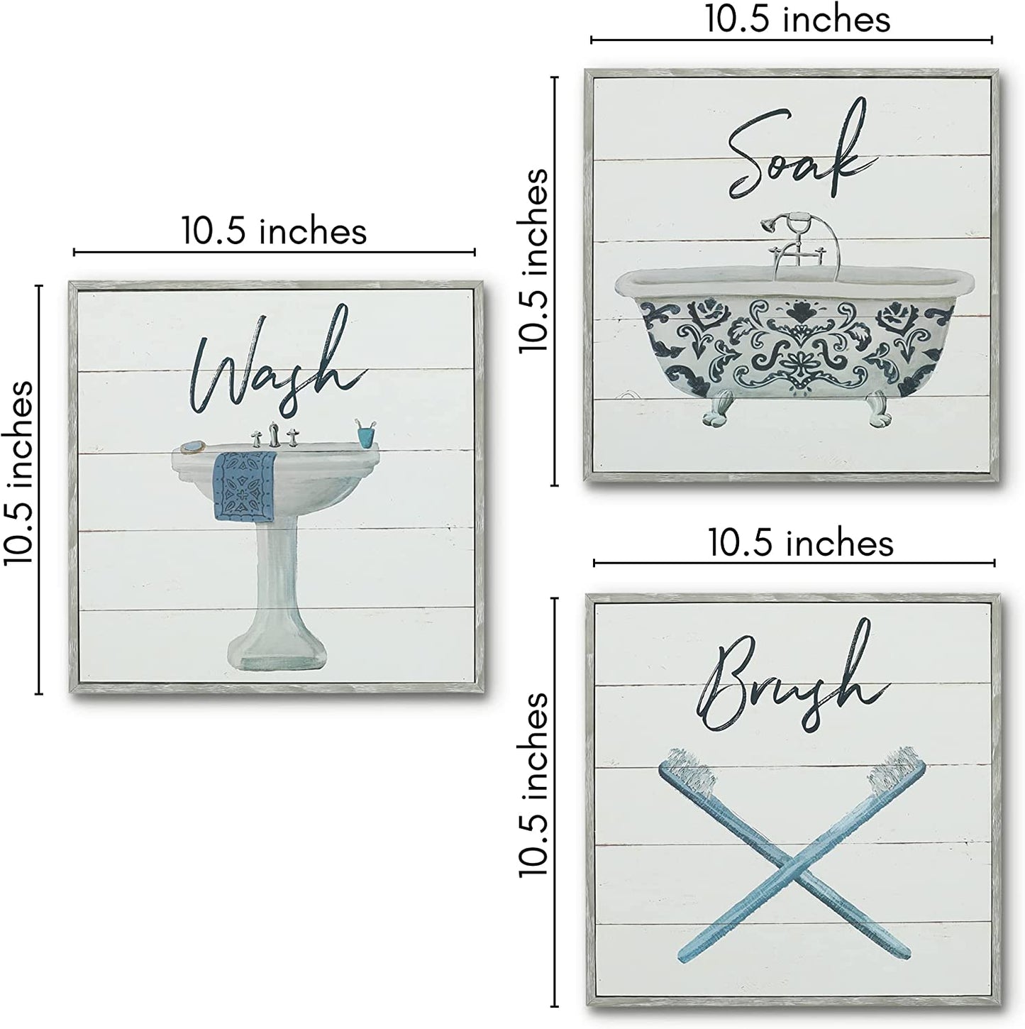 Bathroom Signs 3PK - Wash, Soak, Brush - 3 X Metal 10" Bathroom Signs for Wall Decor