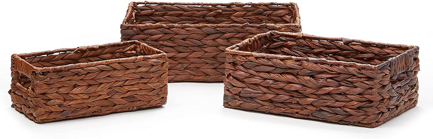 Water Hyacinth Baskets with Handle Open-Home-Storage-Bins, Walnut