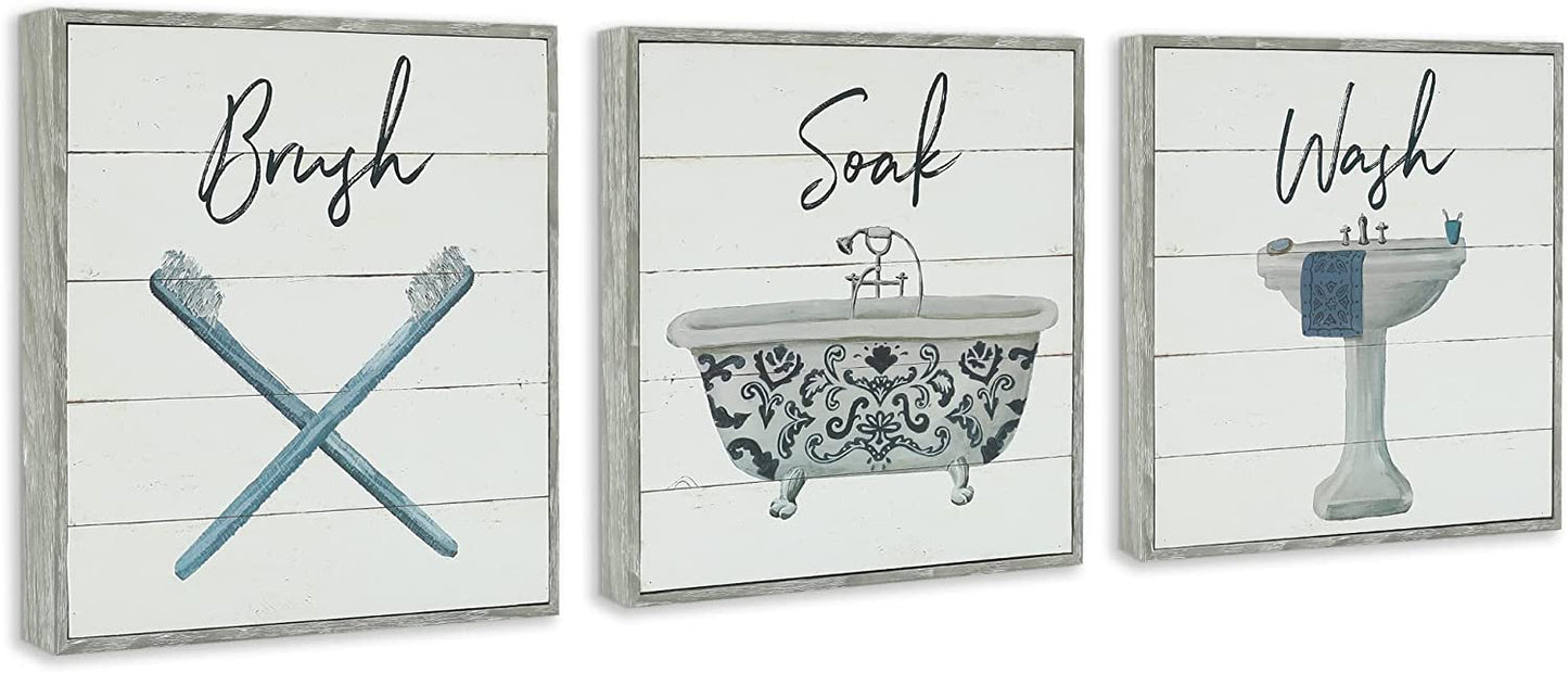 Bathroom Signs 3PK - Wash, Soak, Brush - 3 X Metal 10" Bathroom Signs for Wall Decor