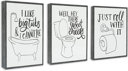 Funny Bathroom Signs 3PK - Just Roll With It, I Like Big Tubs and Hello Sweet Cheeks - 3 X Metal 10" Bathroom Signs for Wall Decor