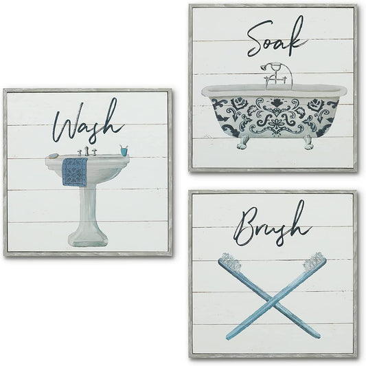 Bathroom Signs 3PK - Wash, Soak, Brush - 3 X Metal 10" Bathroom Signs for Wall Decor