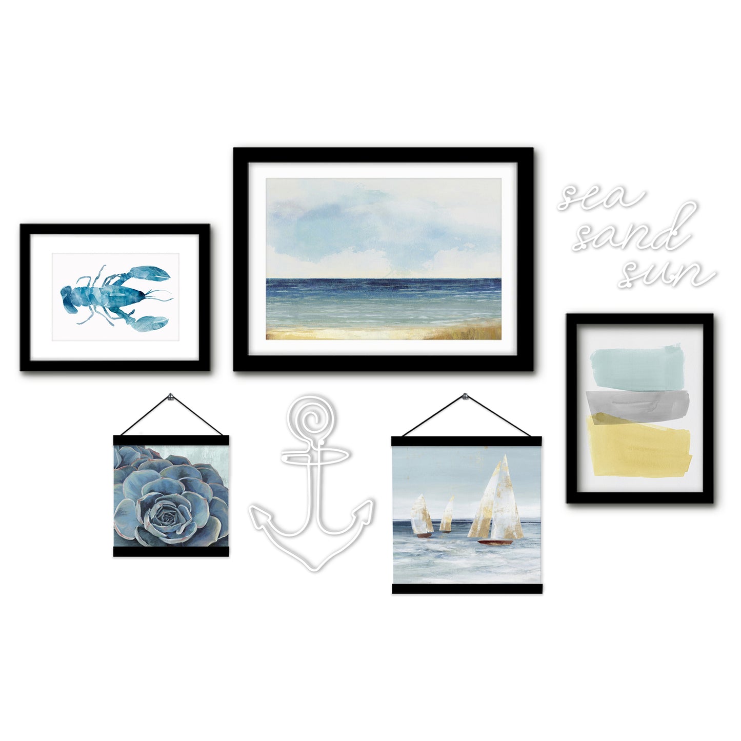 Blue Coastal Sailboat Anchor Framed Multimedia Gallery Art Set