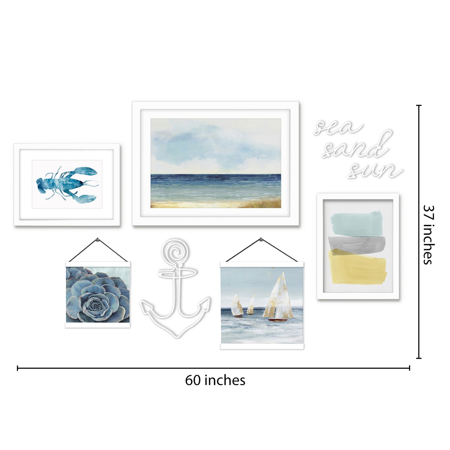 Blue Coastal Sailboat Anchor Framed Multimedia Gallery Art Set