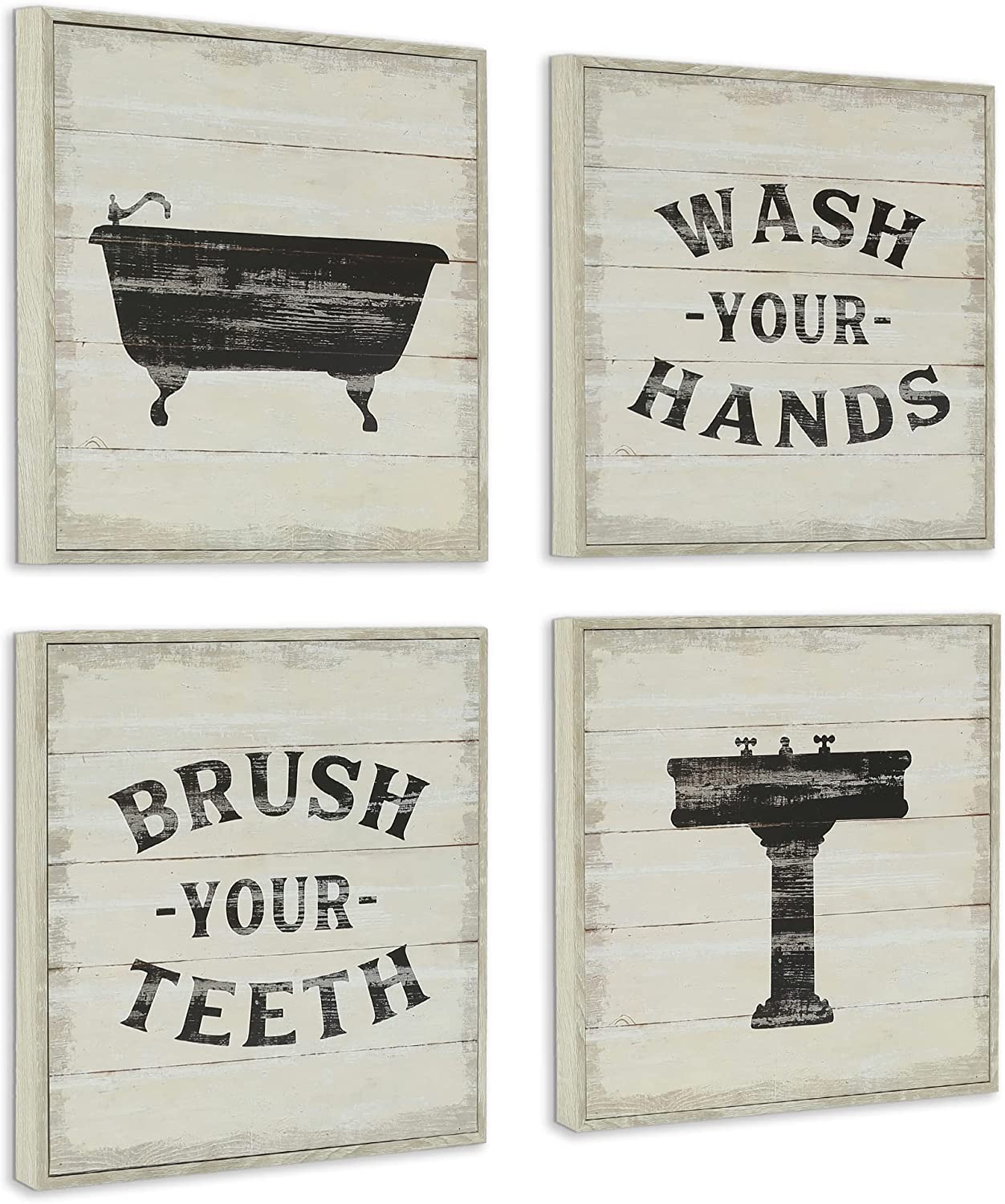 Funny Bathroom Signs 4PK - Wash Your Hands, Brush Your Teeth - 4 X Metal 10" Bathroom Signs for Wall Decor