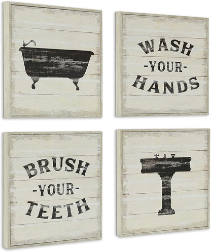 Funny Bathroom Signs 4PK - Wash Your Hands, Brush Your Teeth - 4 X Metal 10" Bathroom Signs for Wall Decor