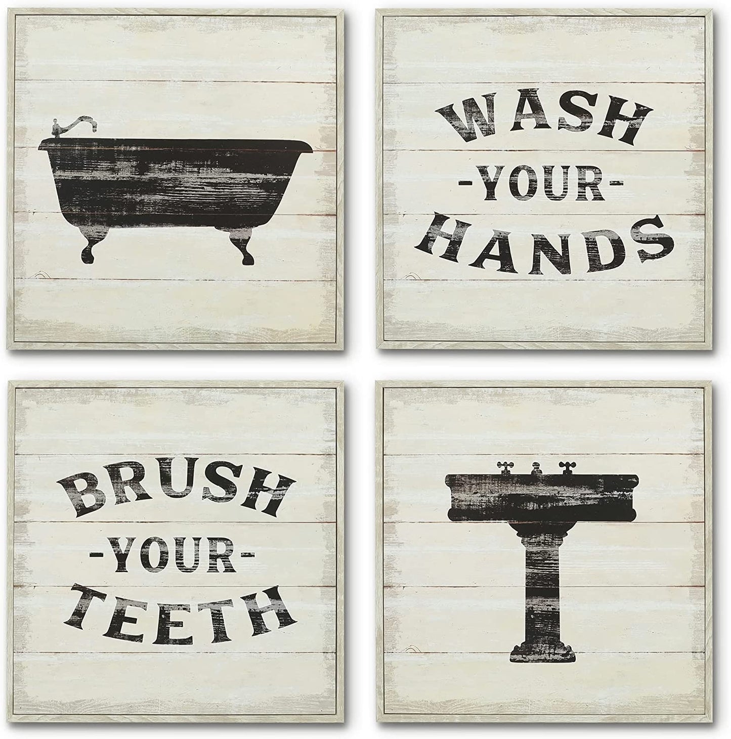 Funny Bathroom Signs 4PK - Wash Your Hands, Brush Your Teeth - 4 X Metal 10" Bathroom Signs for Wall Decor