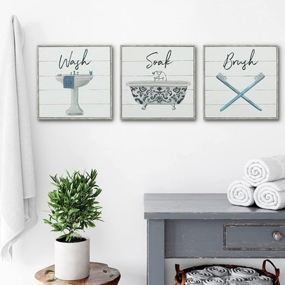 Bathroom Signs 3PK - Wash, Soak, Brush - 3 X Metal 10" Bathroom Signs for Wall Decor