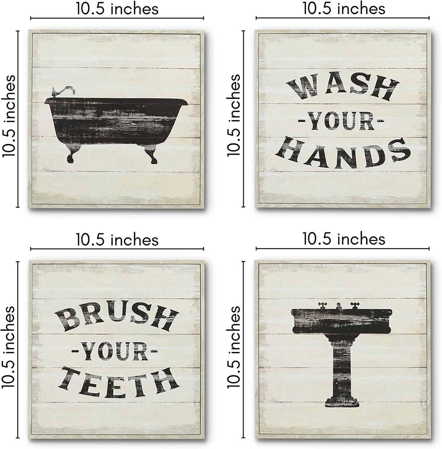 Funny Bathroom Signs 4PK - Wash Your Hands, Brush Your Teeth - 4 X Metal 10" Bathroom Signs for Wall Decor