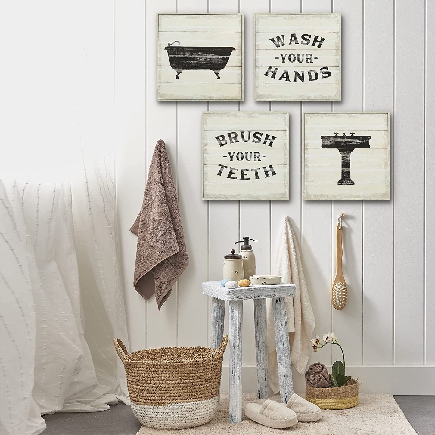 Funny Bathroom Signs 4PK - Wash Your Hands, Brush Your Teeth - 4 X Metal 10" Bathroom Signs for Wall Decor