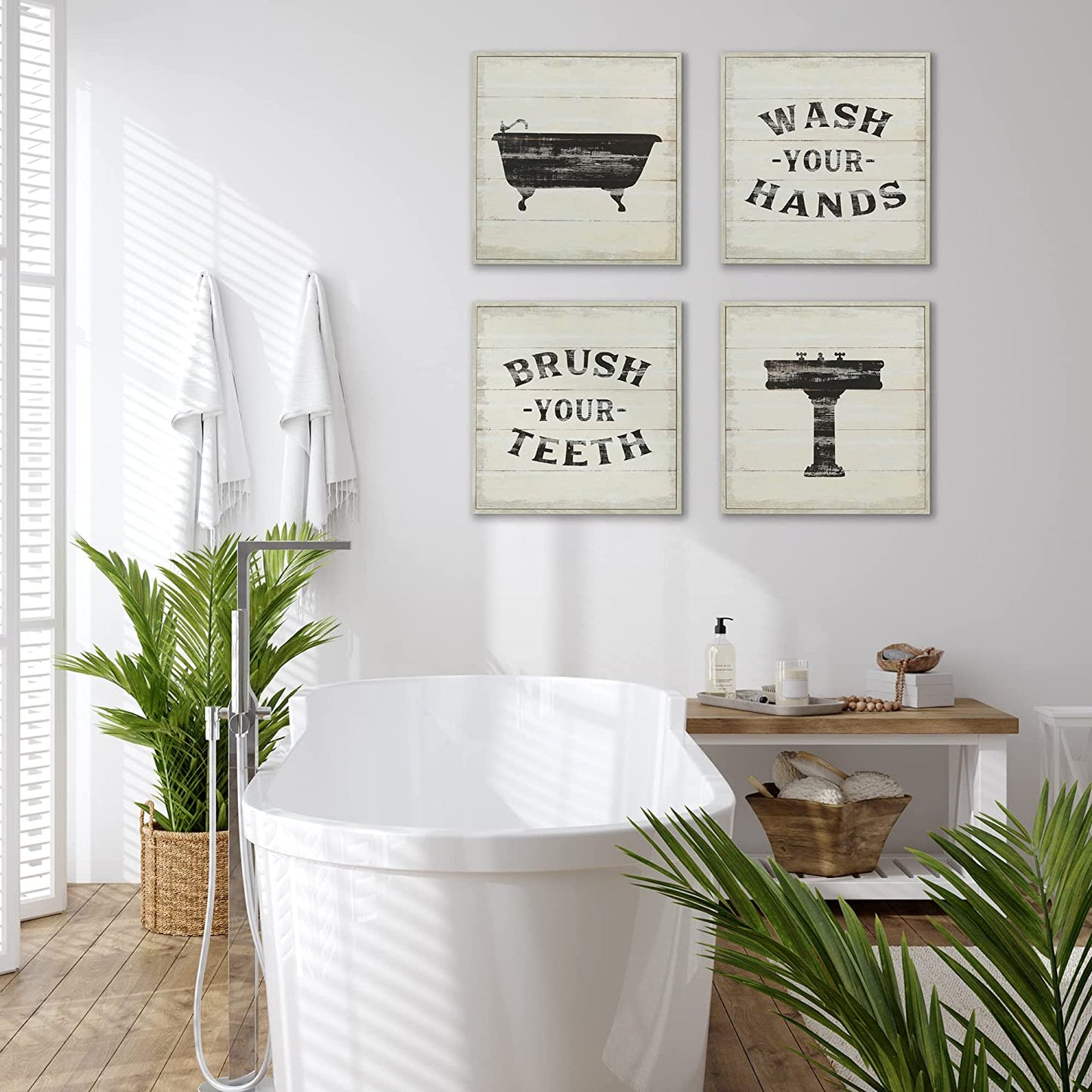 Funny Bathroom Signs 4PK - Wash Your Hands, Brush Your Teeth - 4 X Metal 10" Bathroom Signs for Wall Decor