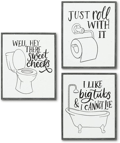Funny Bathroom Signs 3PK - Just Roll With It, I Like Big Tubs and Hello Sweet Cheeks - 3 X Metal 10" Bathroom Signs for Wall Decor