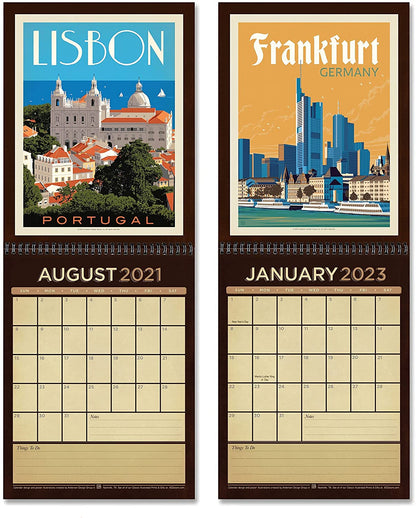 August 2021 to January 2023 - 18 Month Wall Calendar - European Travel Design with Art by Anderson Design Group - 10x26 Inch Hanging Monthly Planner - Americanflat