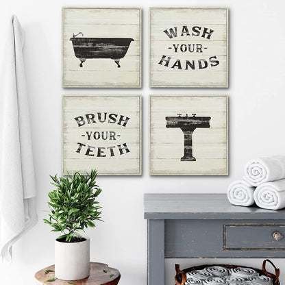 Funny Bathroom Signs 4PK - Wash Your Hands, Brush Your Teeth - 4 X Metal 10" Bathroom Signs for Wall Decor