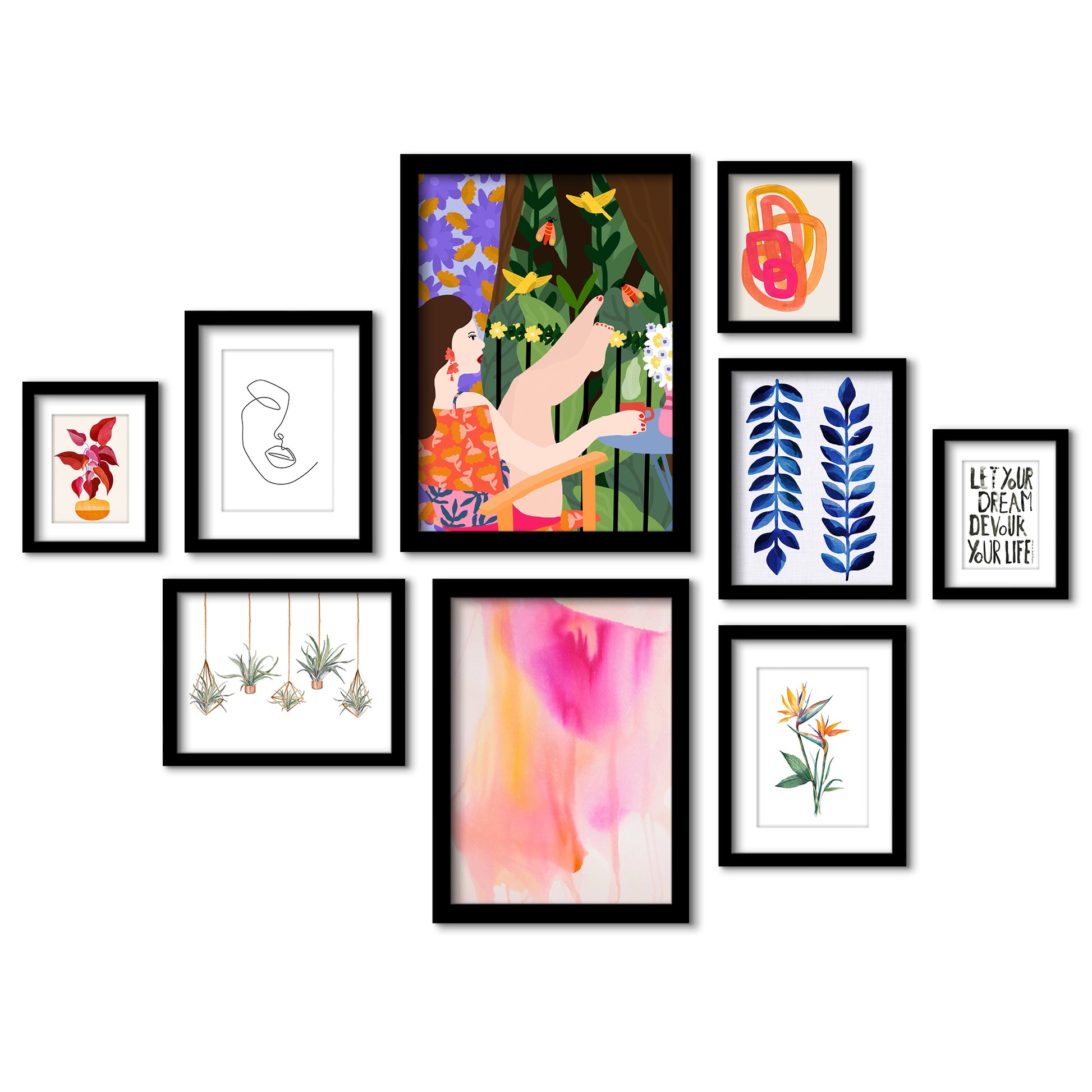 Botanical Boho Girl - 9 Piece Framed Gallery Wall Art Set - Art Set - Americanflat