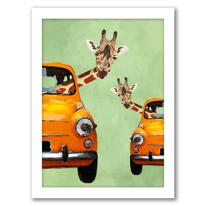 Giraffes In Yellow Cars By Coco De Paris - White Framed Print