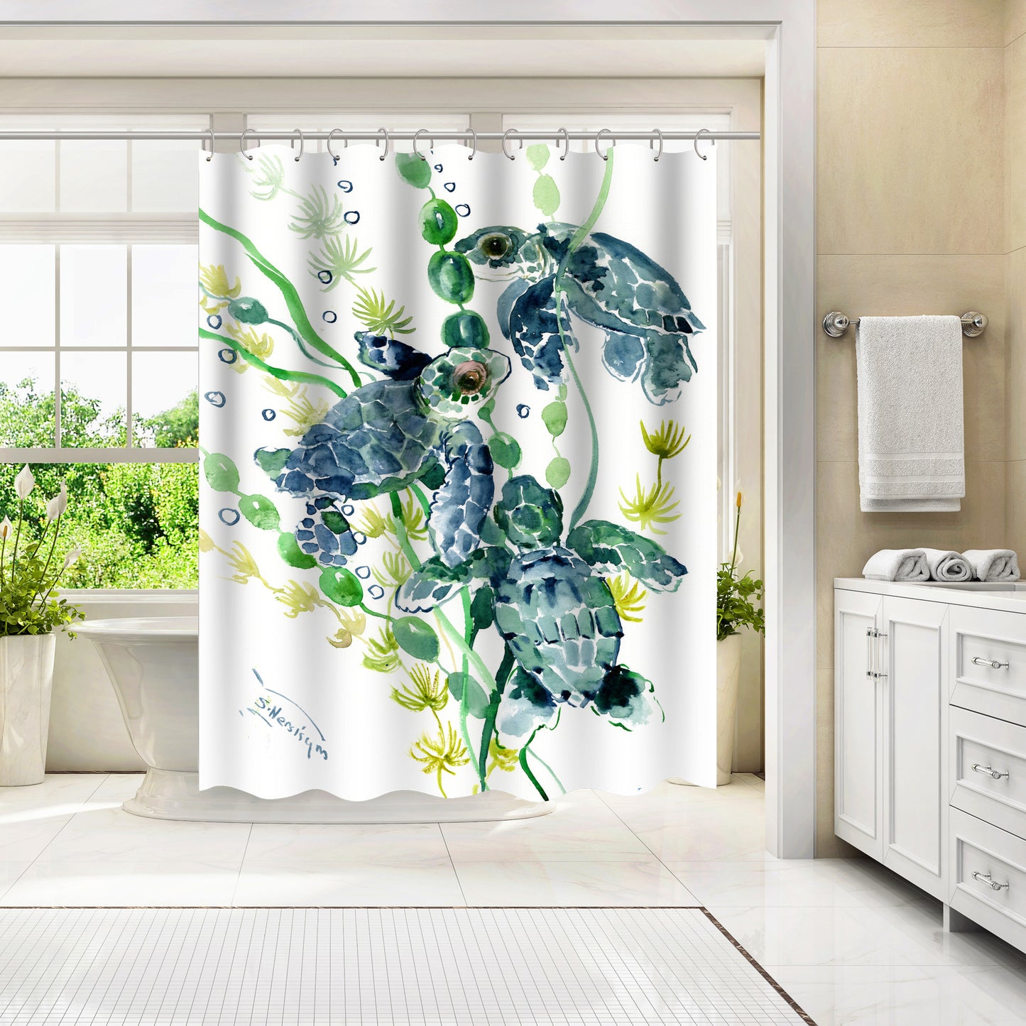 71" x 74" Decorative Shower Curtain with 12 Hooks, Three Sea Turtles by Suren Nersisyan
