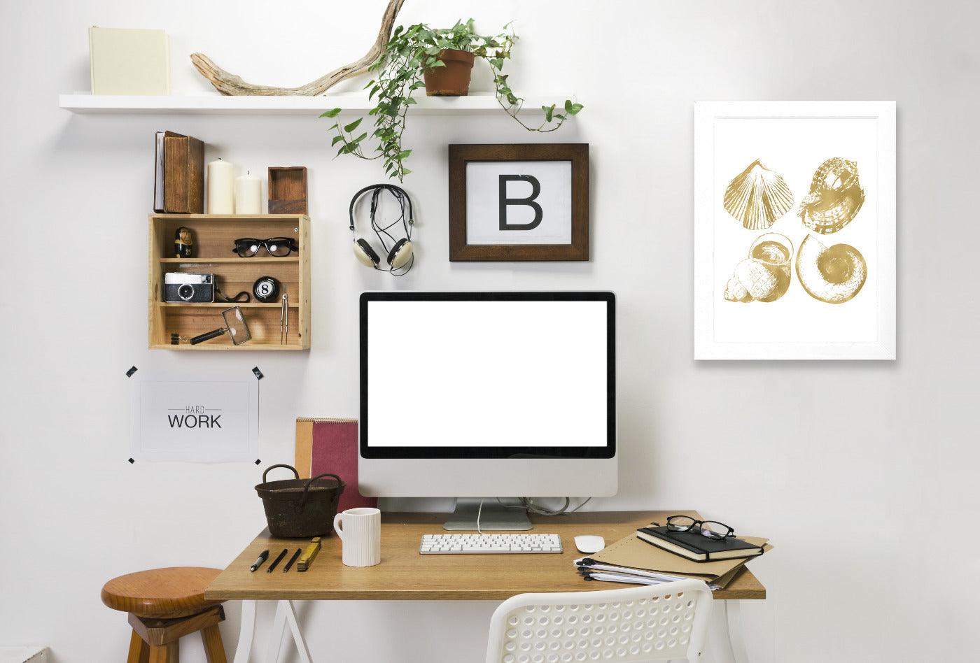 Seashell Quad Gold On White by Amy Brinkman Framed Print - Americanflat