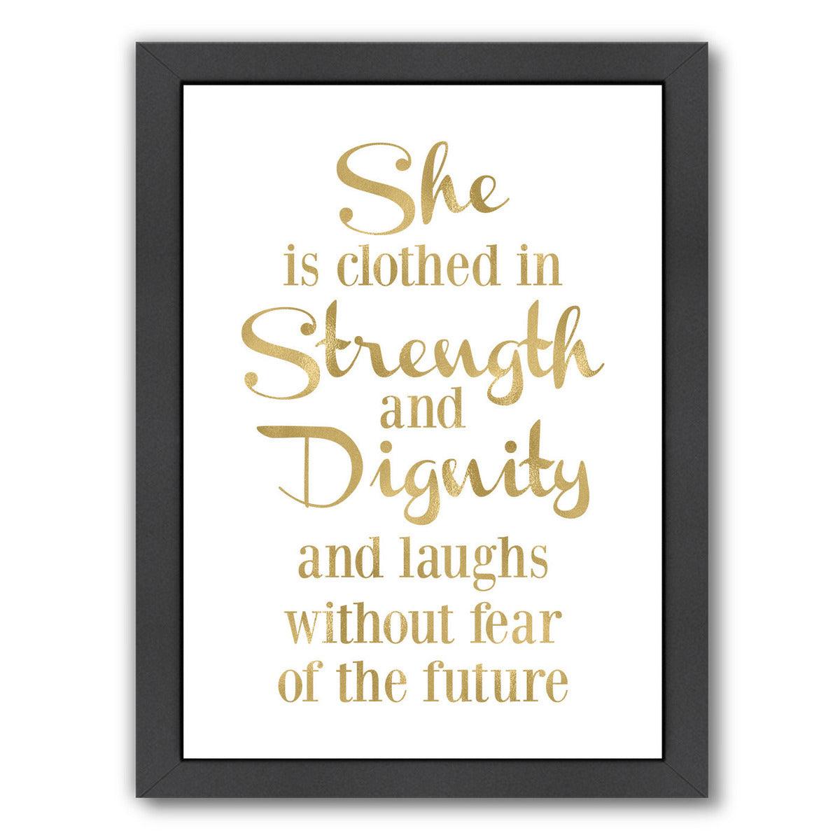 She Is Clothed Strength Gold On White by Amy Brinkman Framed Print - Americanflat