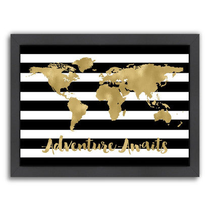 World Map White Stripe Adventure Awaits by Amy Brinkman Framed Print - Wall Art - Americanflat