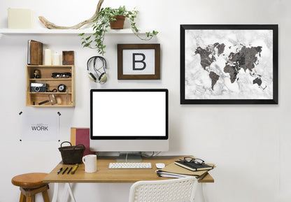 World Map Art And White Marble by Ikonolexi Framed Print - Americanflat
