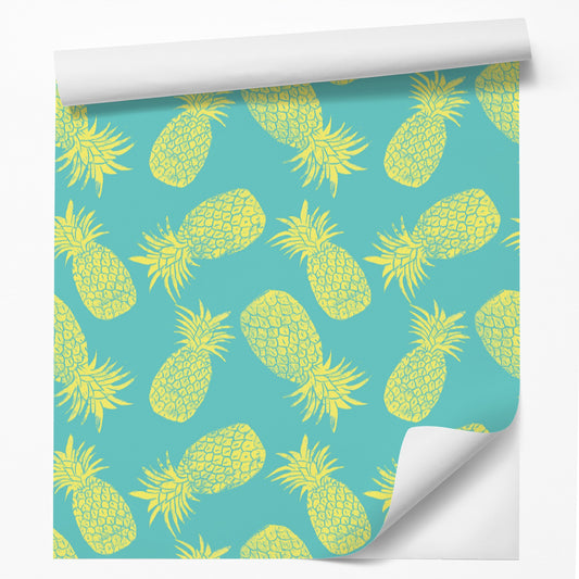 18' L x 24" W Peel & Stick Wallpaper Roll - Pineapple Pattern Turquoise & Lemon by Tracie Andrews - Wallpaper - Americanflat