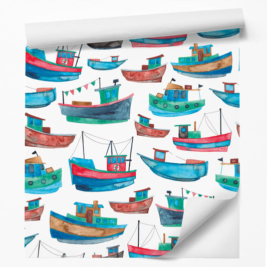 18' L x 24" W Peel & Stick Wallpaper Roll - Fishing Boats by Elena ONeill - Wallpaper - Americanflat