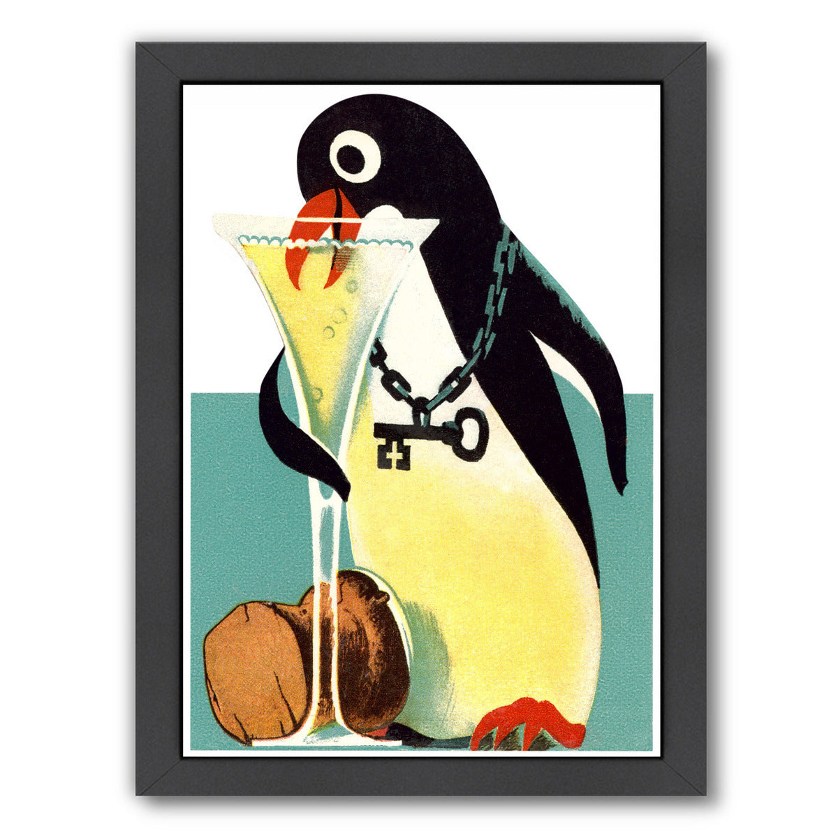 Penguin With Key Drinking Champagne by Found Image Press Framed Print - Americanflat