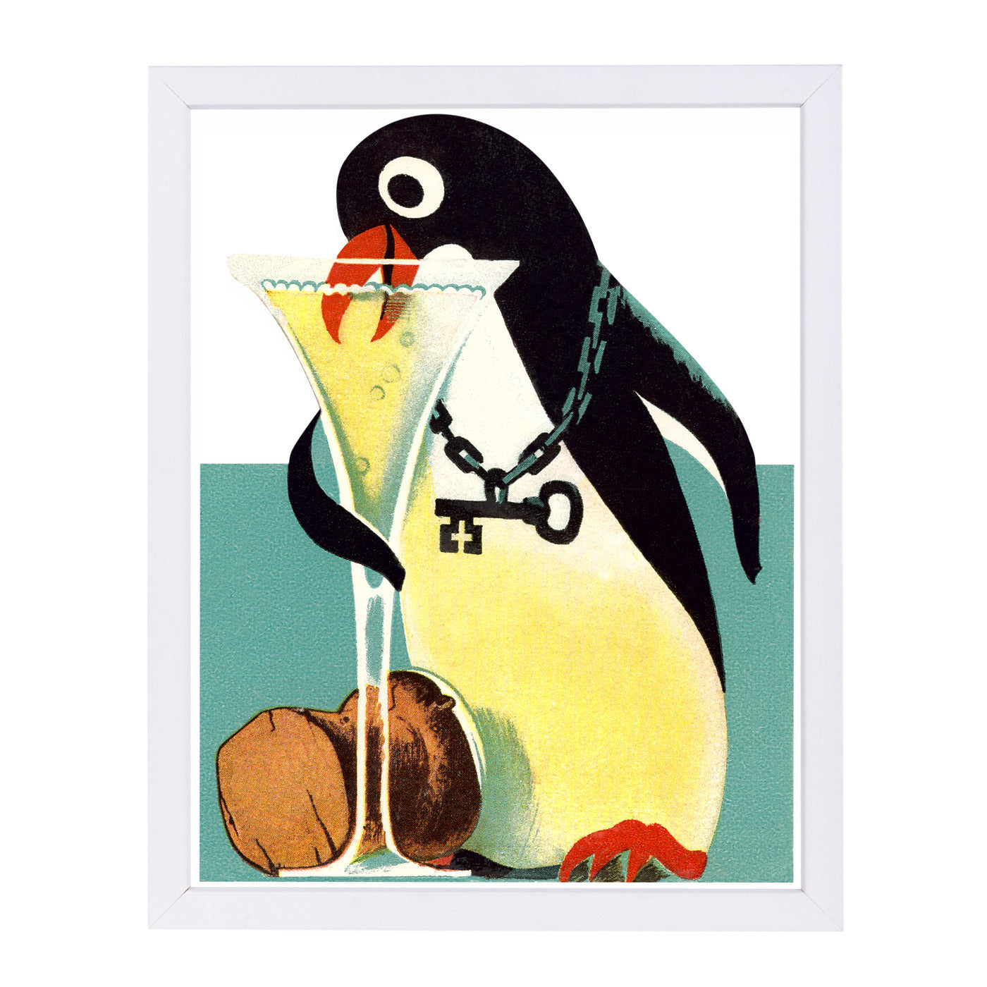Penguin With Key Drinking Champagne by Found Image Press Framed Print - Americanflat
