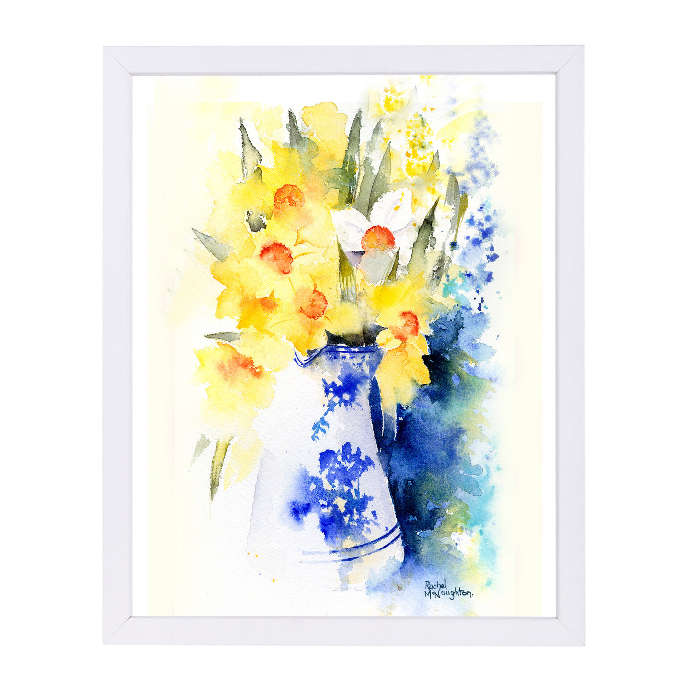 Daffs In Blue And White Vase by Rachel McNaughton Framed Print - Americanflat