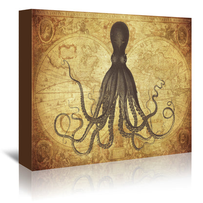 Gold Octopus Map by Coastal Print & Design Wrapped Canvas - Wrapped Canvas - Americanflat