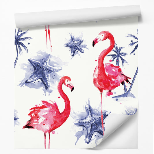 18' L x 24" W Peel & Stick Wallpaper Roll - Beach Flamingos Repeat Tile by Sam Nagel - Wallpaper - Americanflat