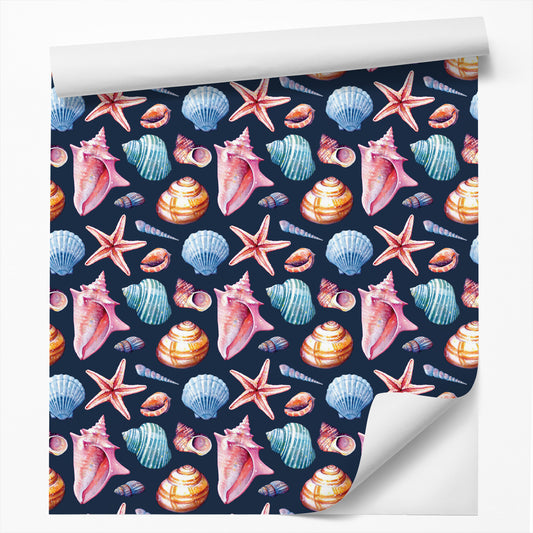 18' L x 24" W Peel & Stick Wallpaper Roll - Seashells Pattern Colorful Dark Repeat Tile by Sam Nagel - Wallpaper - Americanflat