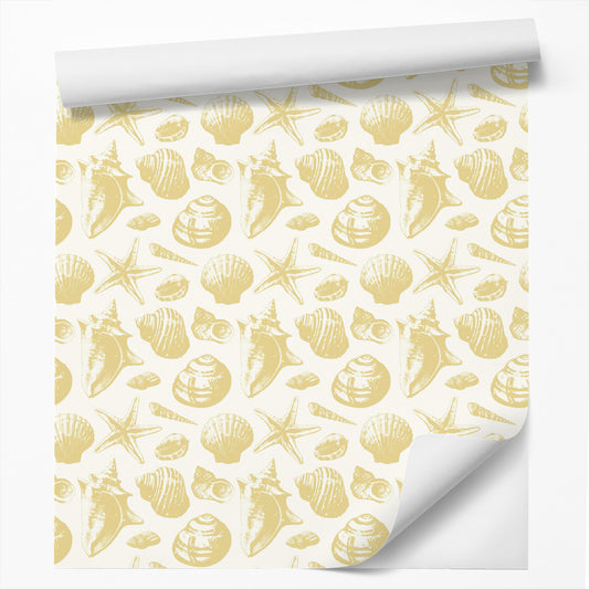 18' L x 24" W Peel & Stick Wallpaper Roll - Seashells Pattern Gold Repeat Tile by Sam Nagel - Wallpaper - Americanflat