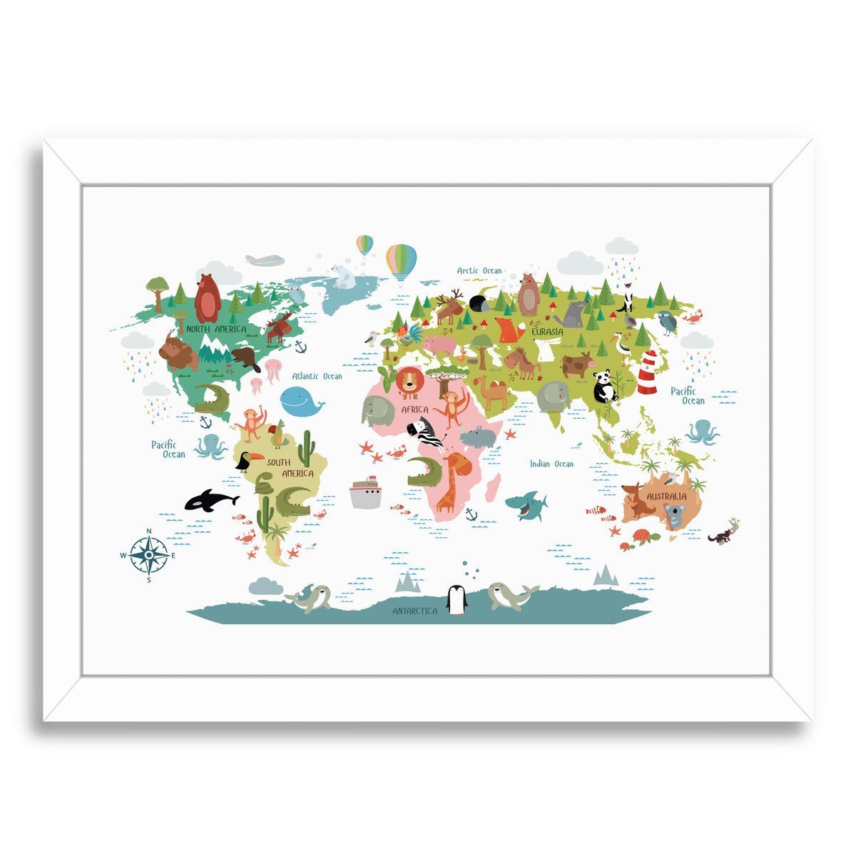 Animals World Map By Nuada - White Framed Print - Wall Art - Americanflat