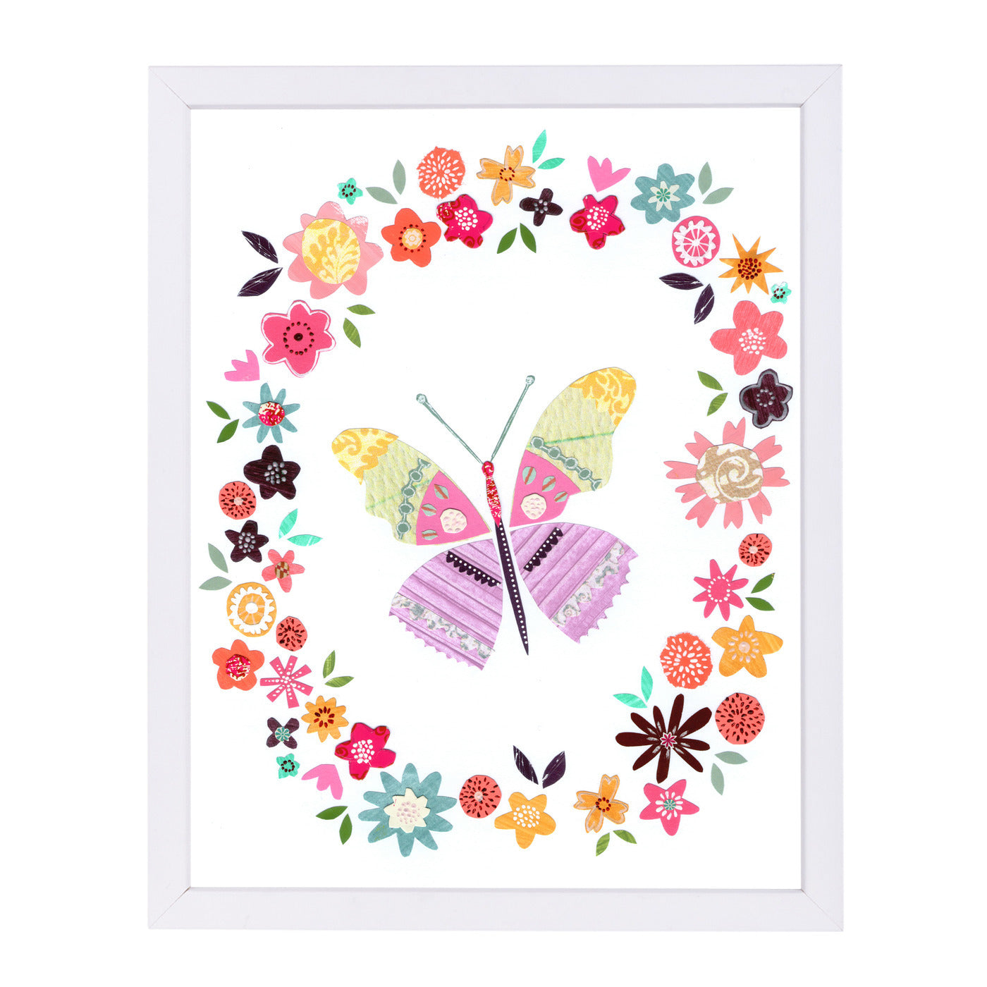 Pretty Pink Butterfly In Flower Frame By Liz And Kate Pope - White Framed Print - Wall Art - Americanflat