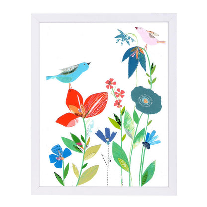 Spring Flowers & Birds By Liz And Kate Pope - White Framed Print - Wall Art - Americanflat