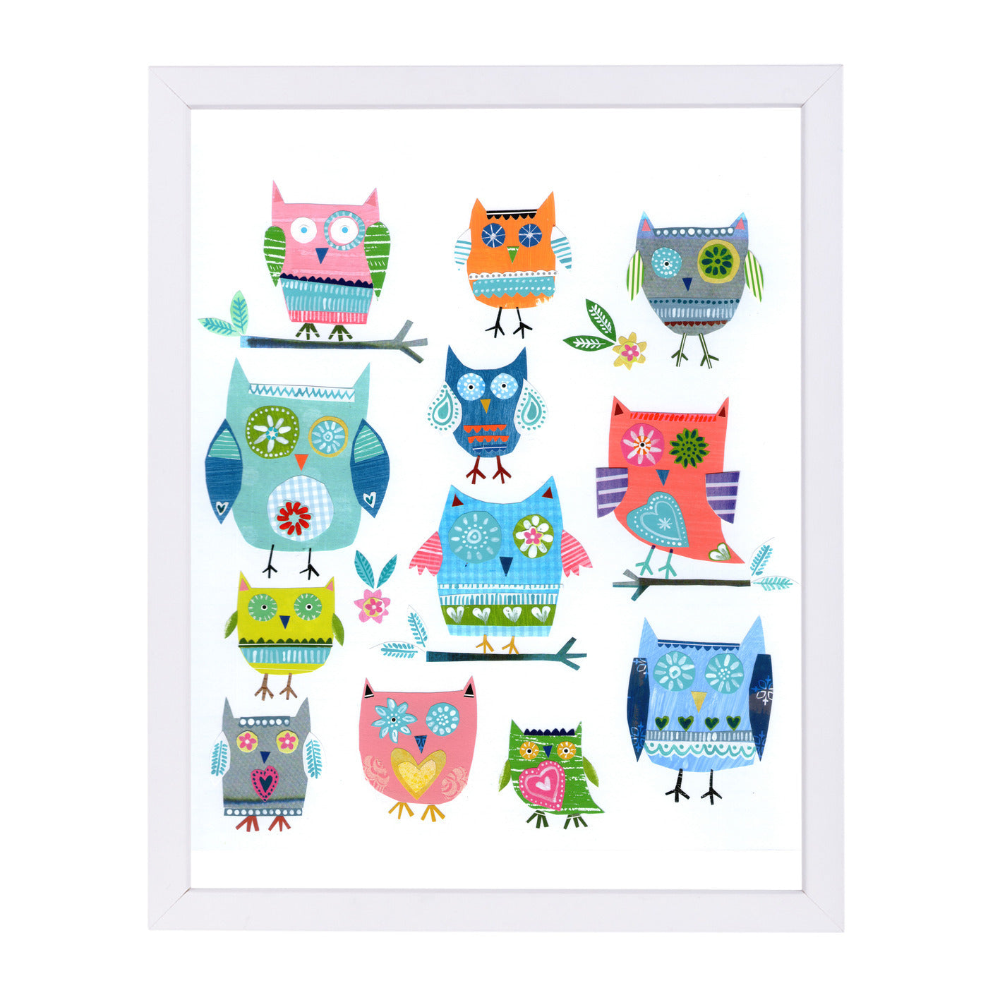 Tweleve Collaged Owls By Liz And Kate Pope - White Framed Print - Wall Art - Americanflat