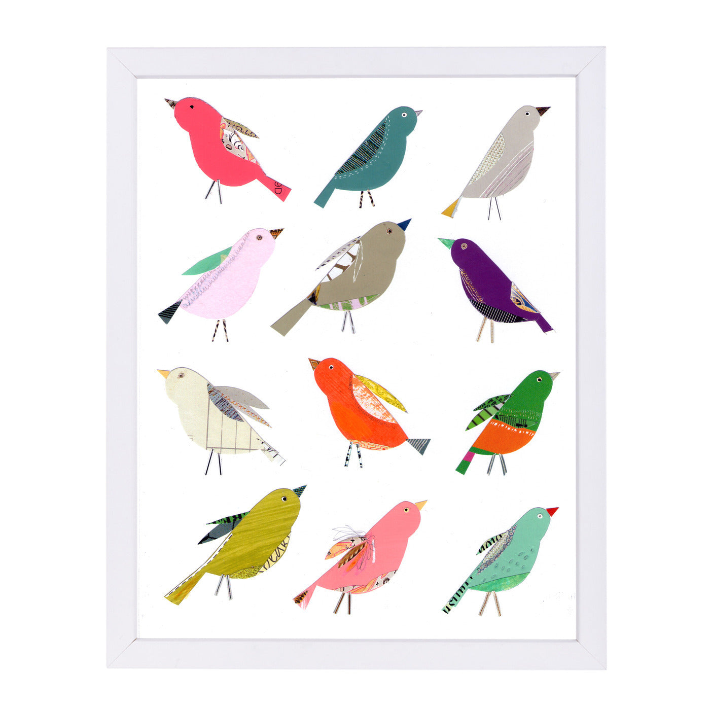Twelve Collaged Birds By Liz And Kate Pope - White Framed Print - Wall Art - Americanflat