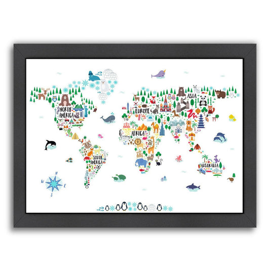 Animal World Map By Elena David - Black Framed Print - Wall Art - Americanflat