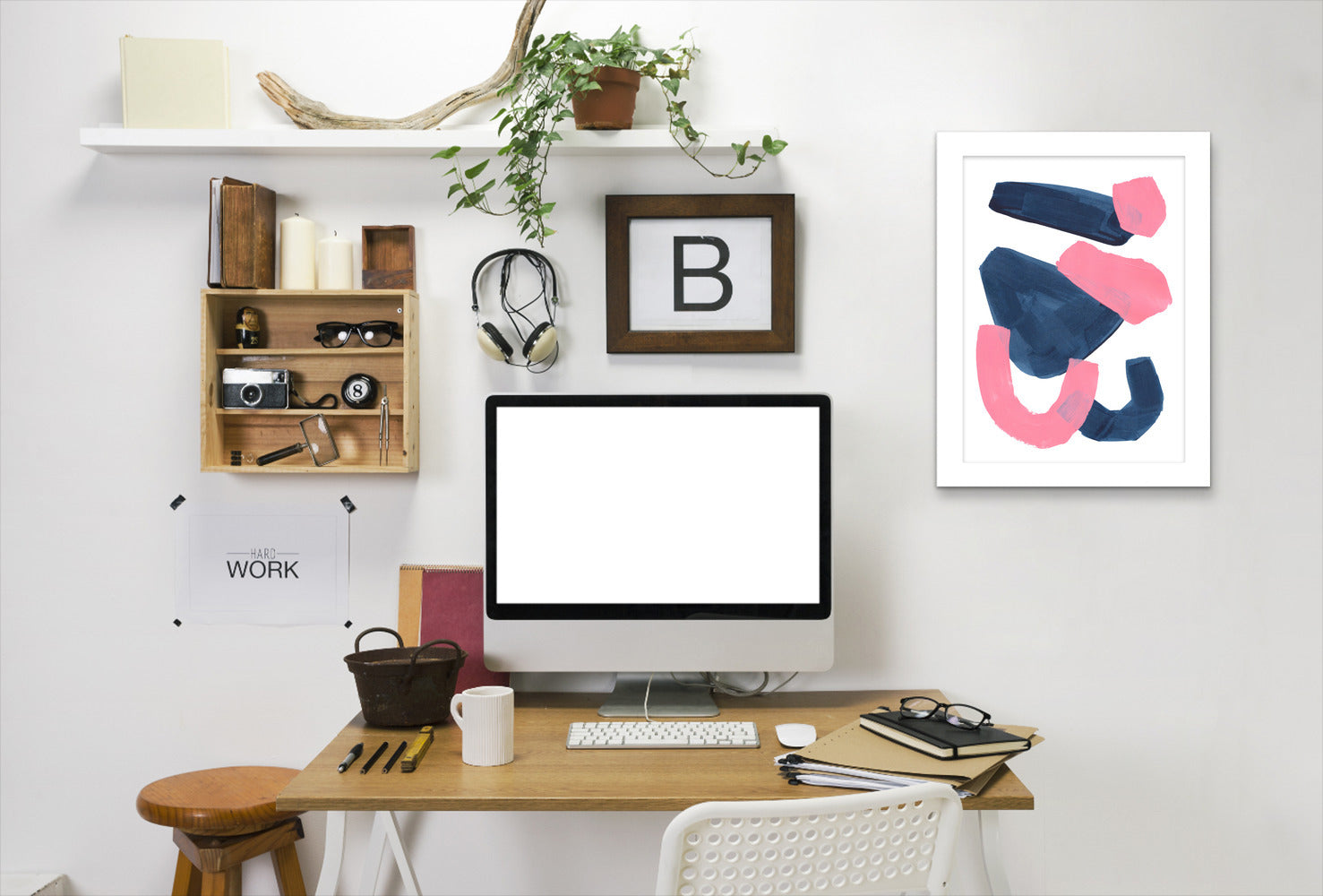 Navy Pink Abstract Shapes By Ejaaz Haniff - White Framed Print - Wall Art - Americanflat