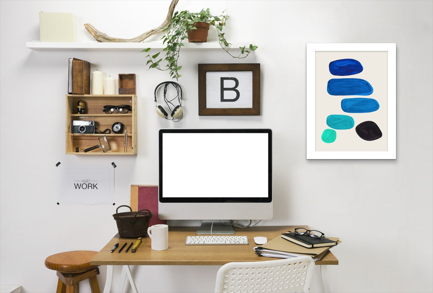 Aqua Tribal Pebbles By Ejaaz Haniff - White Framed Print - Wall Art - Americanflat