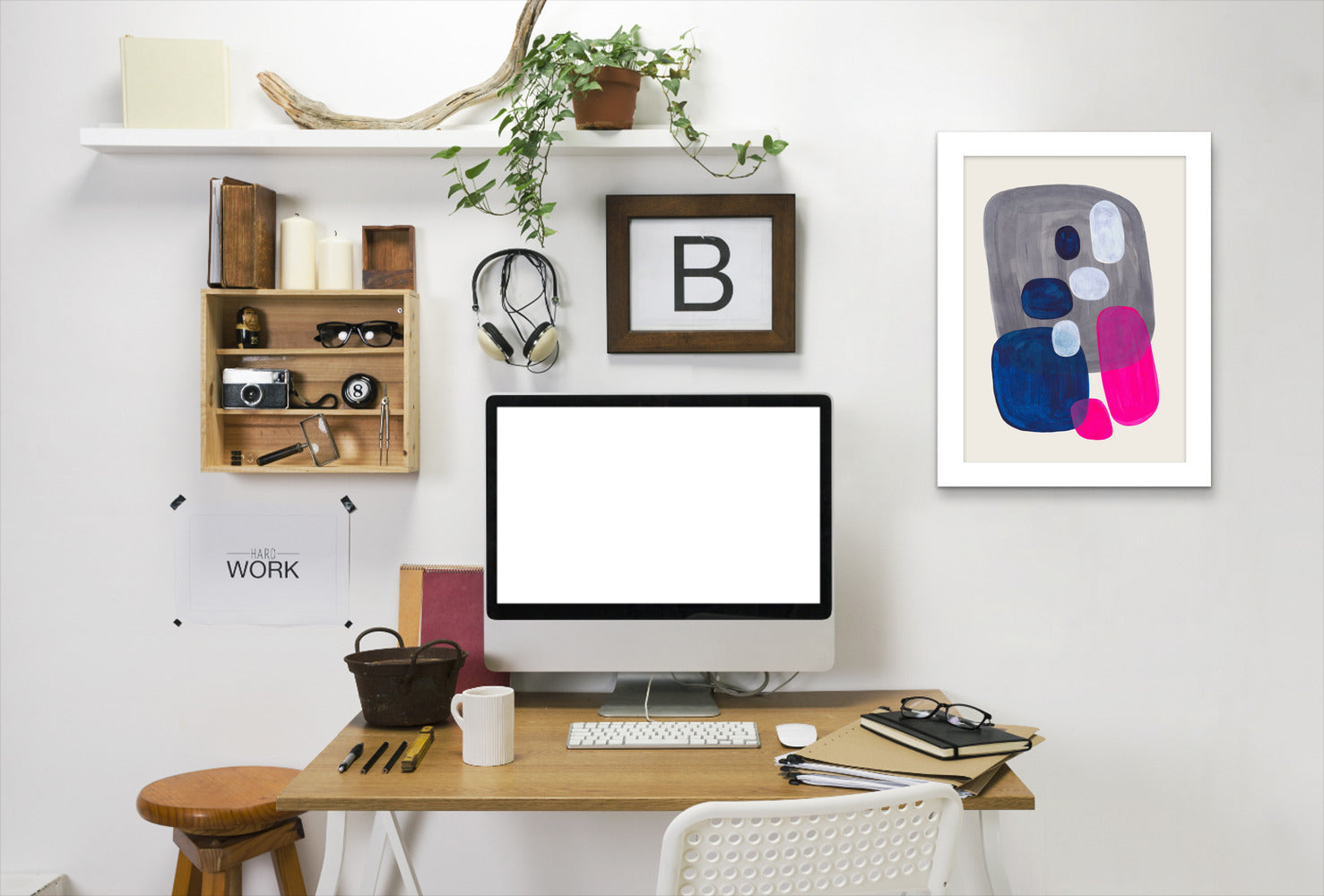 Magenta Navy Grey Pebbles By Ejaaz Haniff - White Framed Print - Wall Art - Americanflat