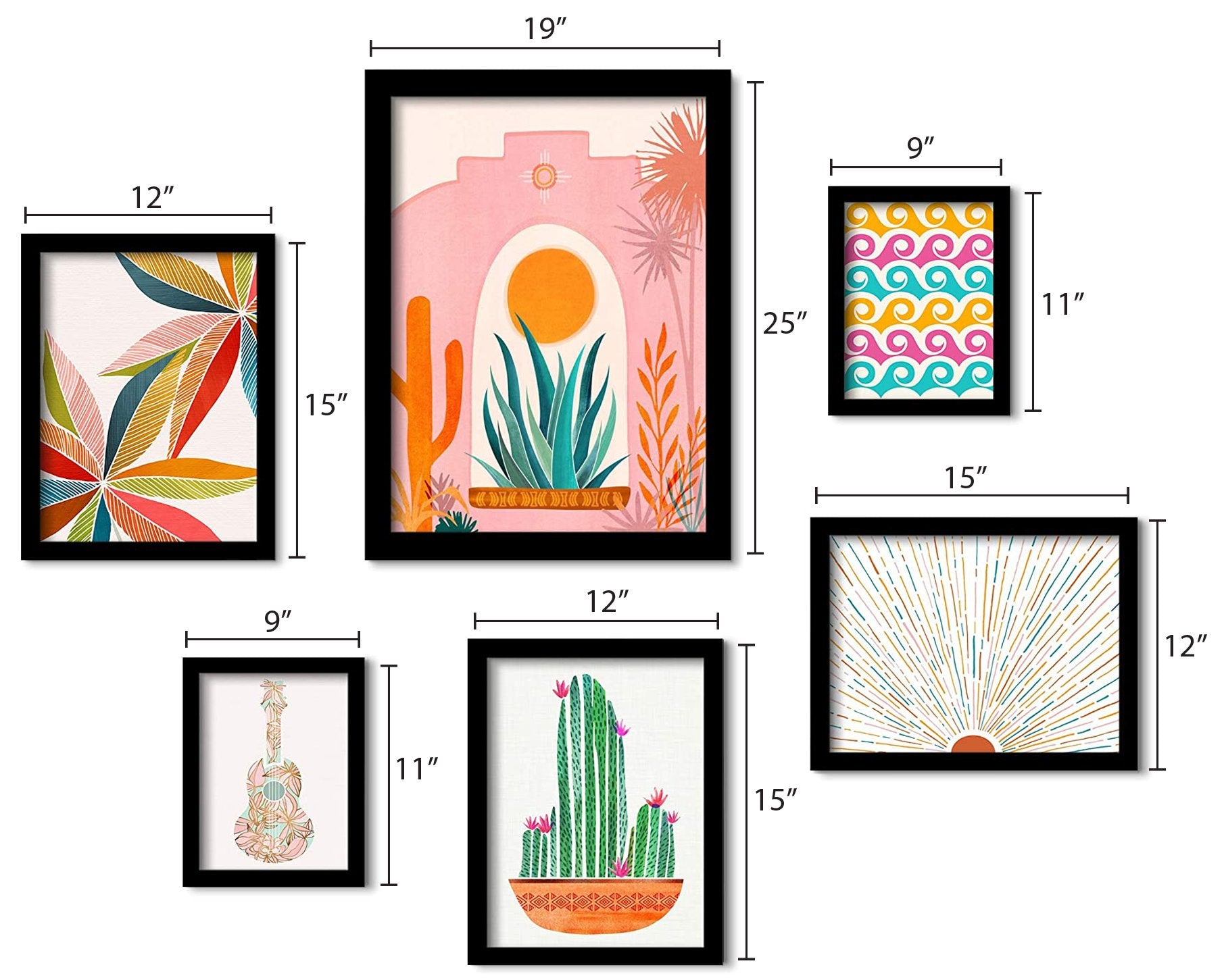 Orange Green Pink Sun & Cactus - 6 Piece Framed Gallery Wall Set - Americanflat