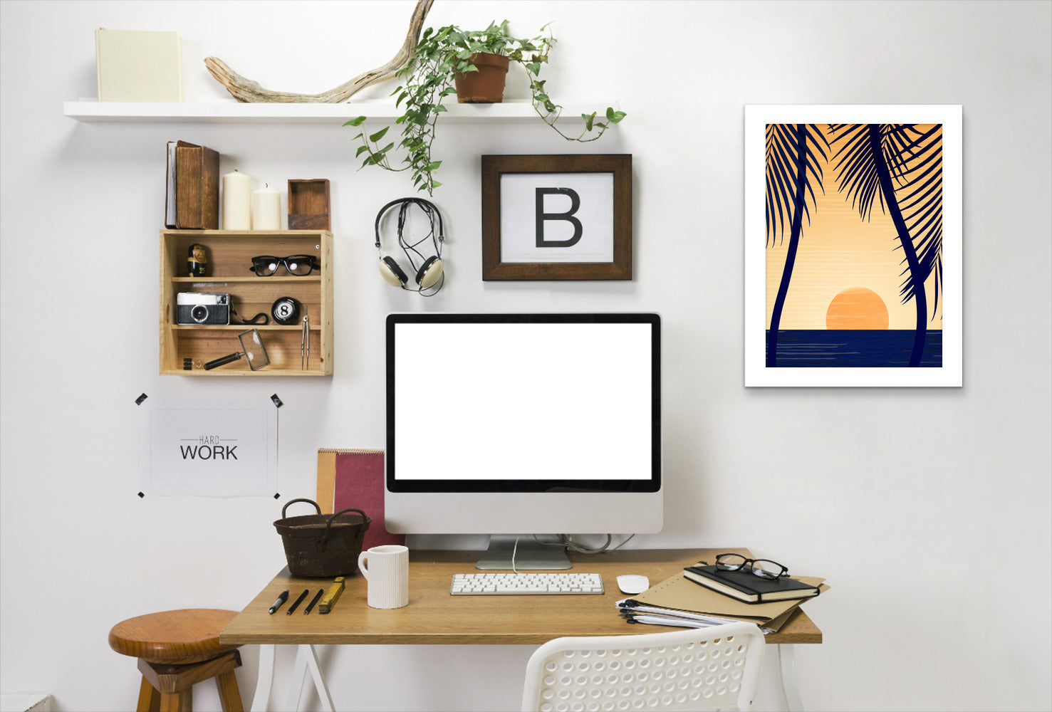 Golden Sunset With Palms By Modern Tropical - White Framed Print - Wall Art - Americanflat